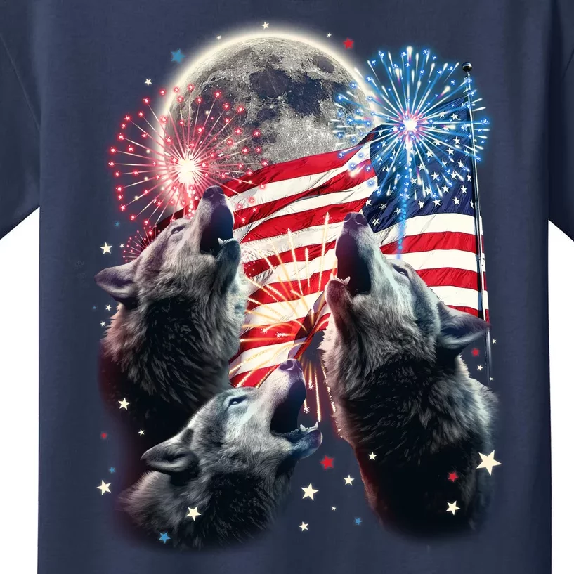 Patriotic Usa American Flag Three Wolves Moon Kids T-Shirt