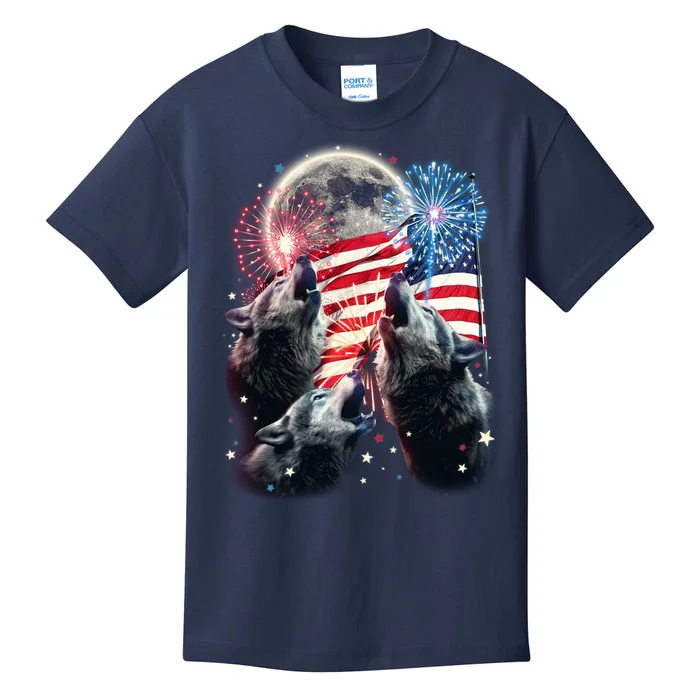 Patriotic Usa American Flag Three Wolves Moon Kids T-Shirt