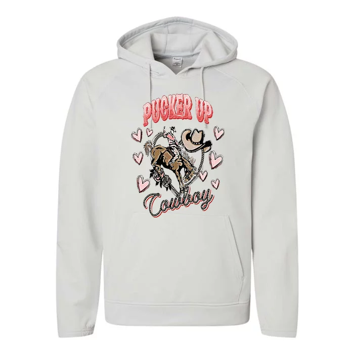 Pucker Up Cowboy Retro Groovy Howdy Valentines Cowboy Hat Performance Fleece Hoodie