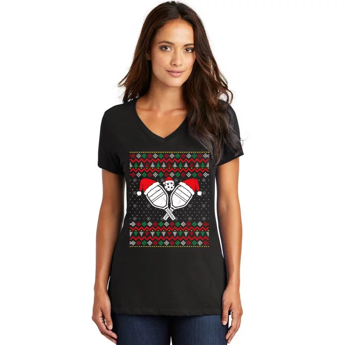 Pickleball Ugly Christmas Sweater Sport Lover Xmas Matching Women's V-Neck T-Shirt