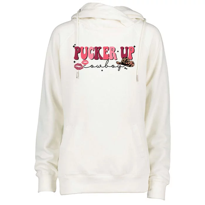 Pucker Up Cowboy Western Howdy Happy Valentine's Day Womens Funnel Neck Pullover Hood