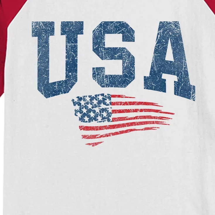 Patriotic USA  Distressed American Flag Kids Colorblock Raglan Jersey