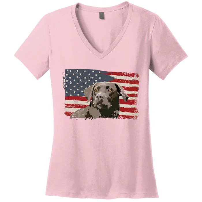 Patriotic USA Flag Black Labrador Gift For Lab Owners Women's V-Neck T-Shirt