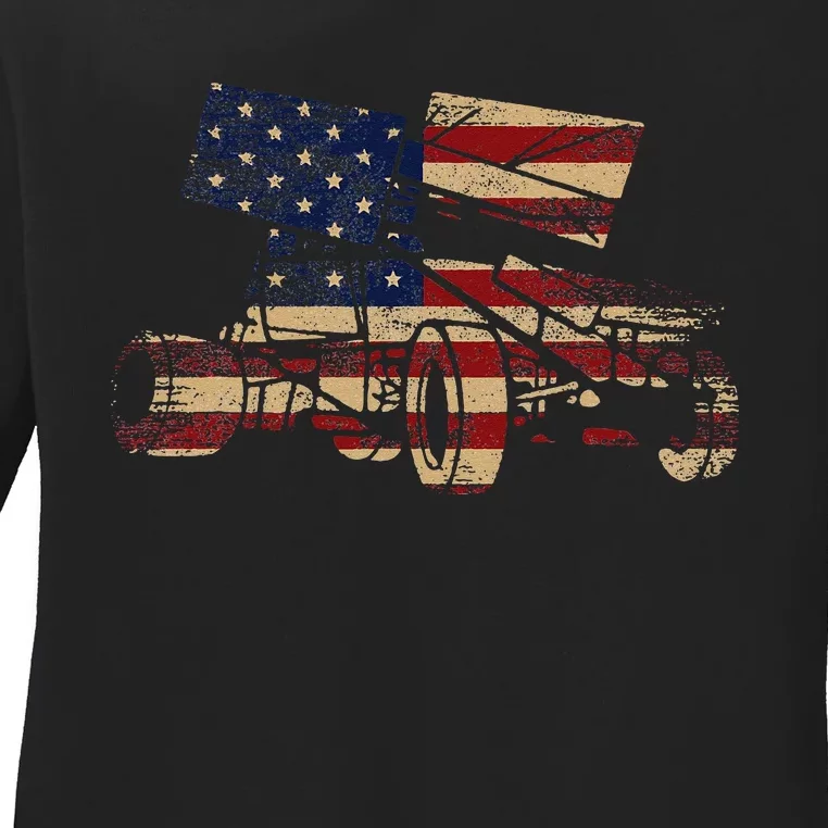 Patriotic USA Flag Sprint Car Dirt Track Racing Lover Ladies Long Sleeve Shirt