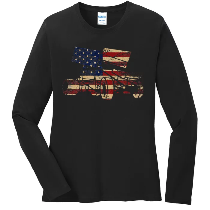 Patriotic USA Flag Sprint Car Dirt Track Racing Lover Ladies Long Sleeve Shirt