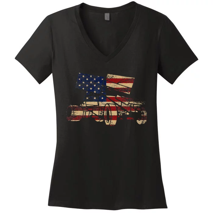 Patriotic USA Flag Sprint Car Dirt Track Racing Lover Women's V-Neck T-Shirt