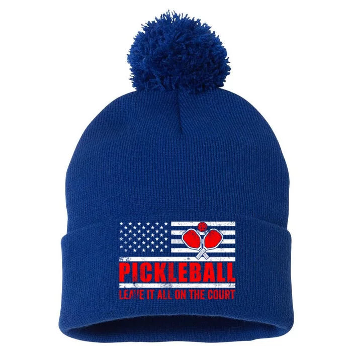 Pickleball USA Flag Leave It All On The Court Pickle Ball Pom Pom 12in Knit Beanie