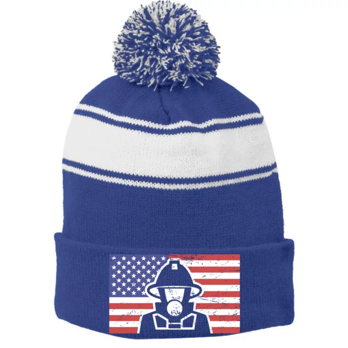 Patriotic Usa Fire Departt And Fire Fighter / Firefighter Gift Stripe Pom Pom Beanie