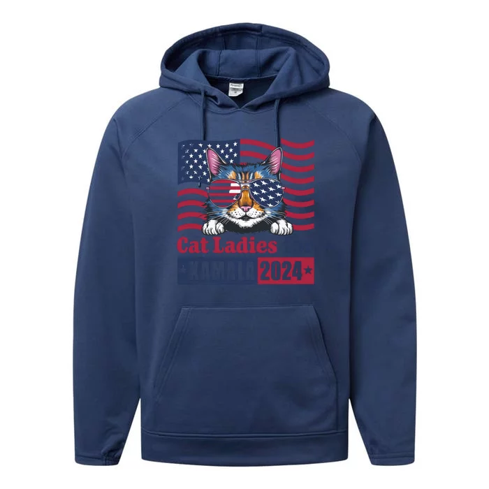 Patriotic Usa Flag Cat Design Cat Ladies For Kamala 2024 Madam President 2024 Performance Fleece Hoodie