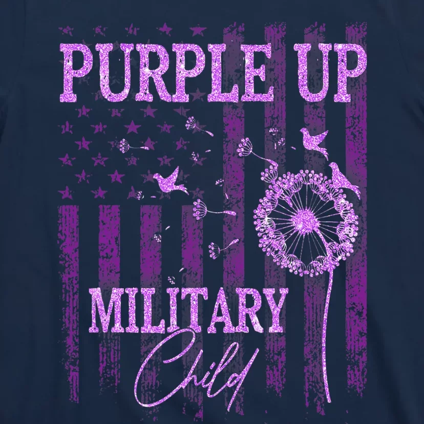 Purple Up For Military Child Month Dandelion Sparkle Flag T-Shirt