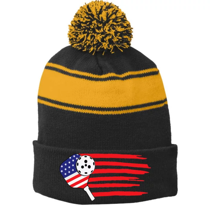 Pickleball US Flag American Patriotic Pickleball 4th of july Stripe Pom Pom Beanie