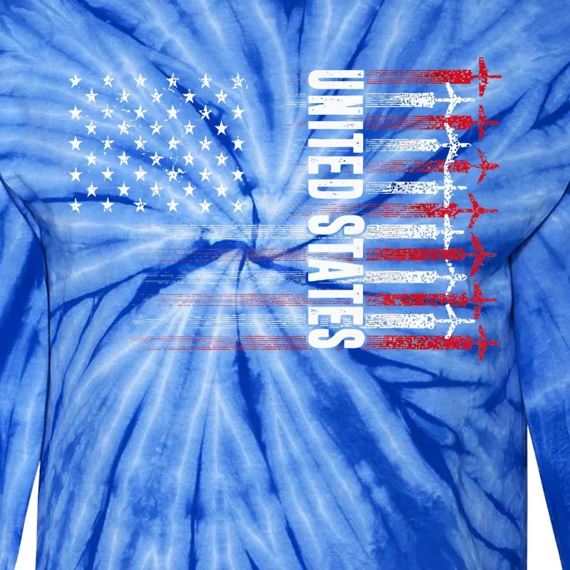 Patriotic Usa Flag Fighter Jets 4th Of July Tie-Dye Long Sleeve Shirt