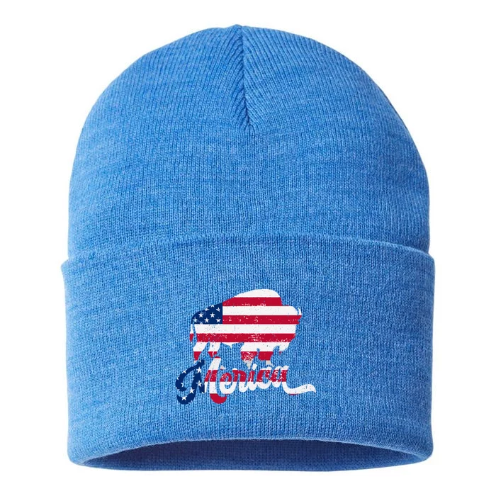 Patriotic Usa Flag Vintage National Park Bison And Buffalo Great Gift Sustainable Knit Beanie