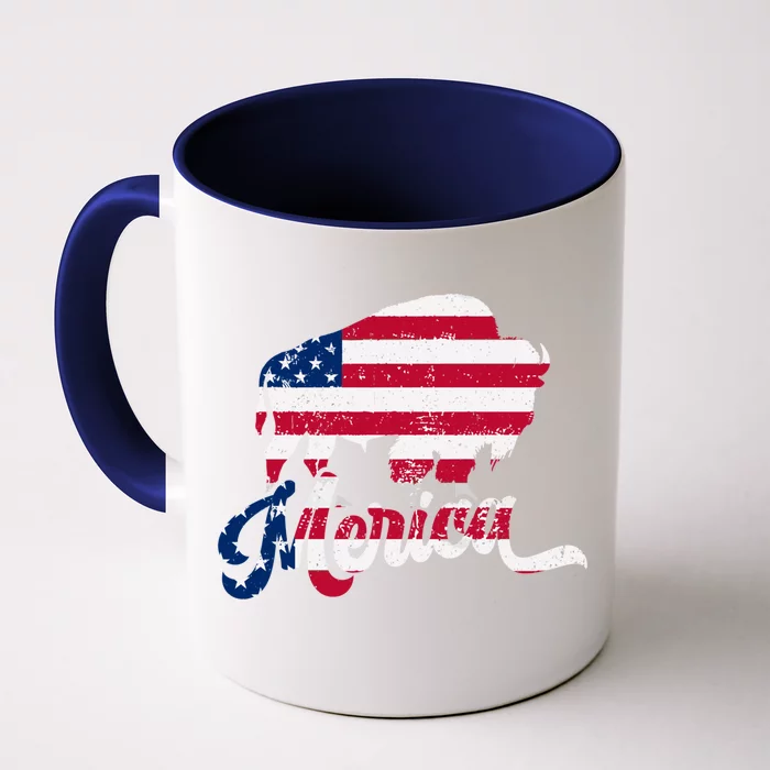 Patriotic Usa Flag Vintage National Park Bison And Buffalo Great Gift Front & Back Coffee Mug