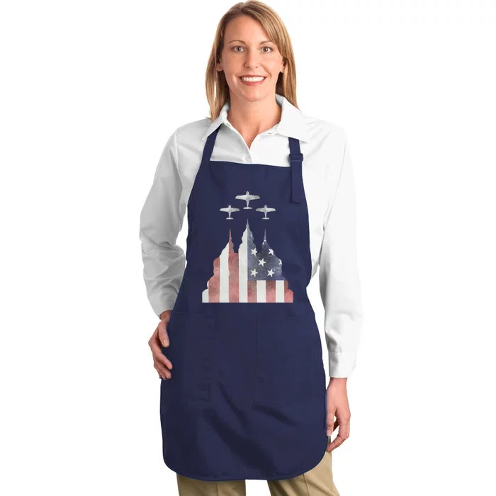 Patriotic Usa Flag Fighter Jets 4th Of July Full-Length Apron With Pocket