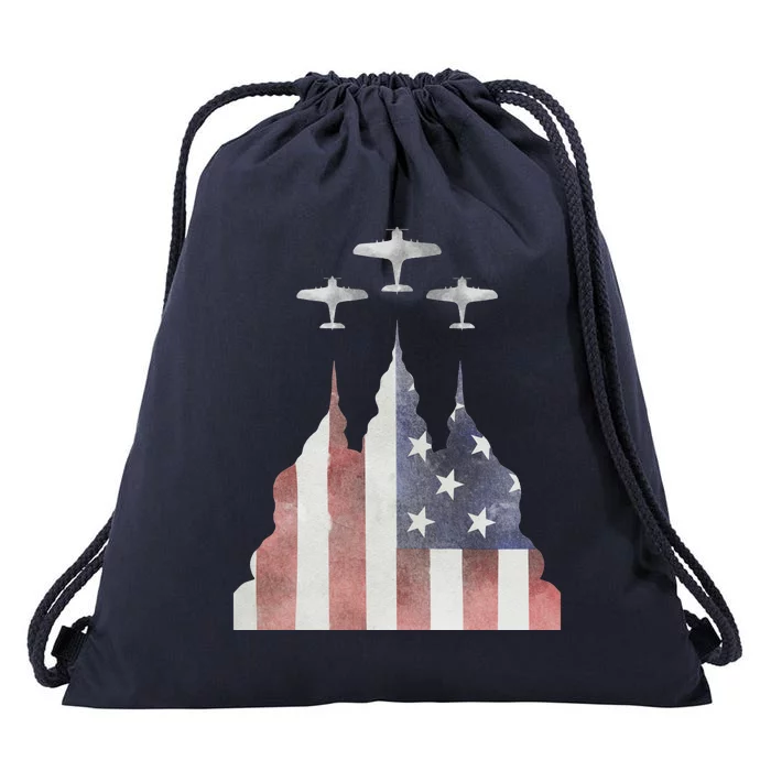 Patriotic Usa Flag Fighter Jets 4th Of July Drawstring Bag