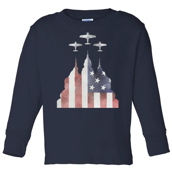 Patriotic Usa Flag Fighter Jets 4th Of July Toddler Long Sleeve Shirt