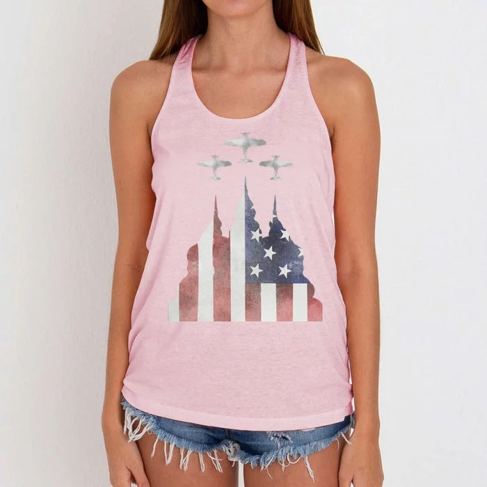 Patriotic Usa Flag Fighter Jets 4th Of July Women's Knotted Racerback Tank