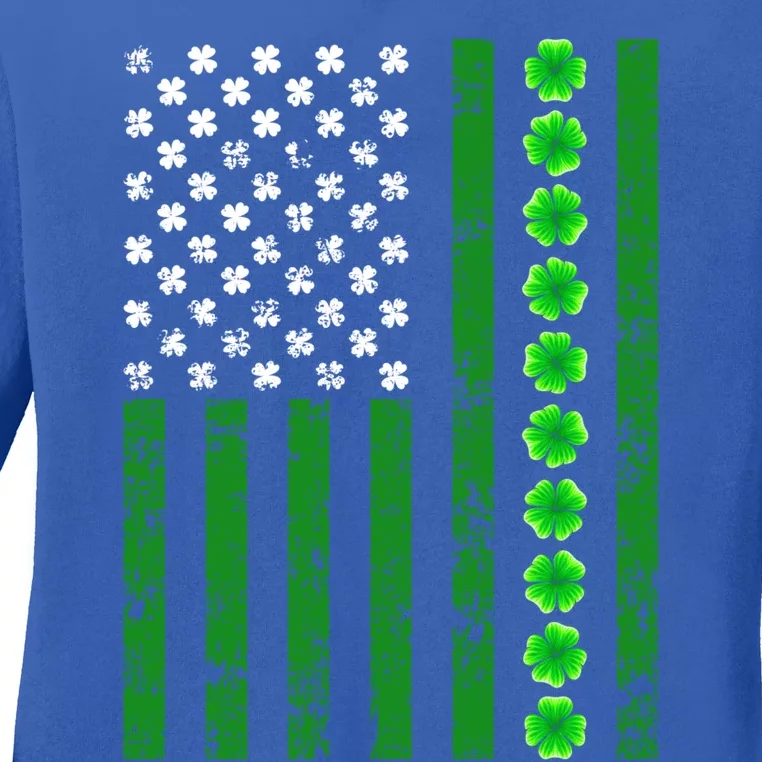 Patriotic Usa Flag Shamrock Irish Retro Saint Patrick's Day Gift Ladies Long Sleeve Shirt