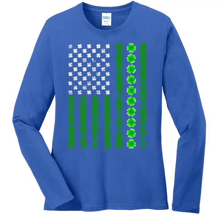 Patriotic Usa Flag Shamrock Irish Retro Saint Patrick's Day Gift Ladies Long Sleeve Shirt