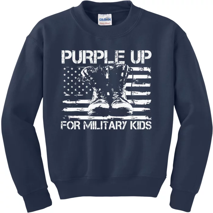 Purple up for Military USA American Flag Military Boots Kids Sweatshirt