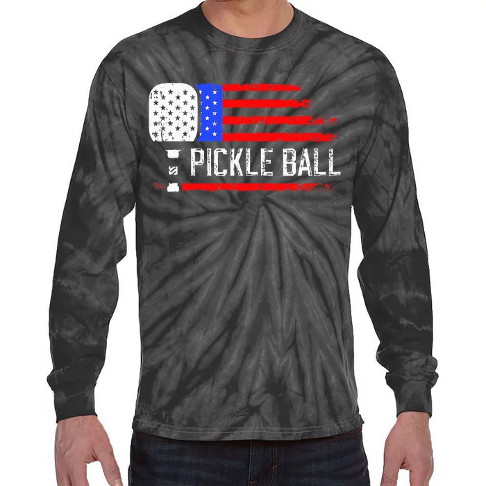 Pickleball US Flag Vintage Pickleball Paddle Tie-Dye Long Sleeve Shirt