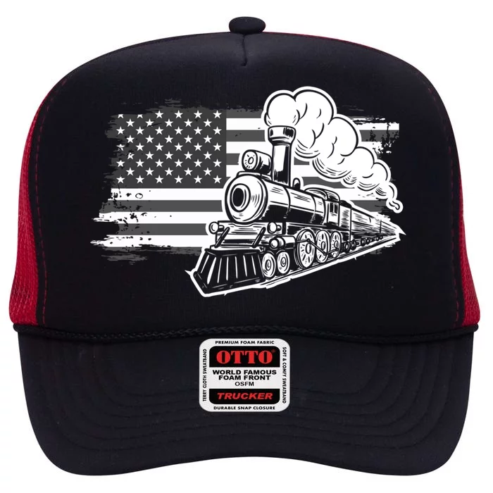 Patriotic Us Flag Train Model Trains Trainspotting Funny Gift High Crown Mesh Trucker Hat