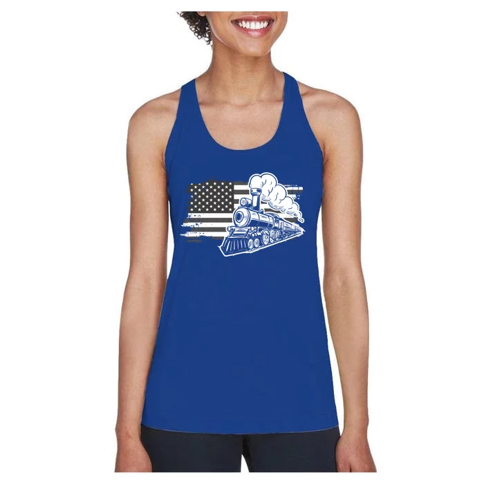 Patriotic Us Flag Train Model Trains Trainspotting Funny Gift Women's Racerback Tank