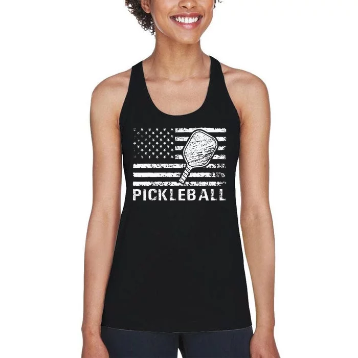 Pickleball US Flag Vintage Pickleball Paddle Women's Racerback Tank