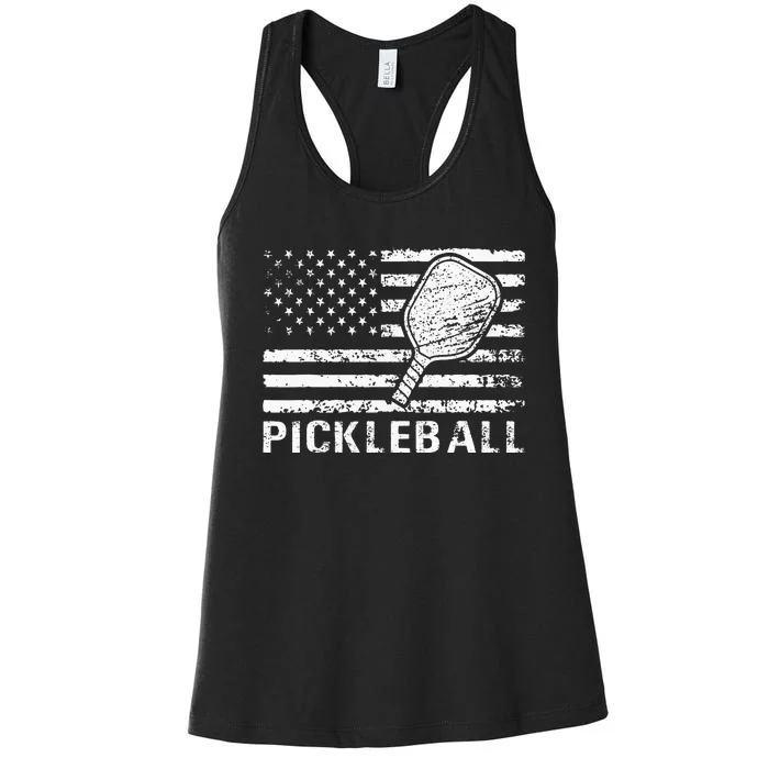 Pickleball US Flag Vintage Pickleball Paddle Women's Racerback Tank