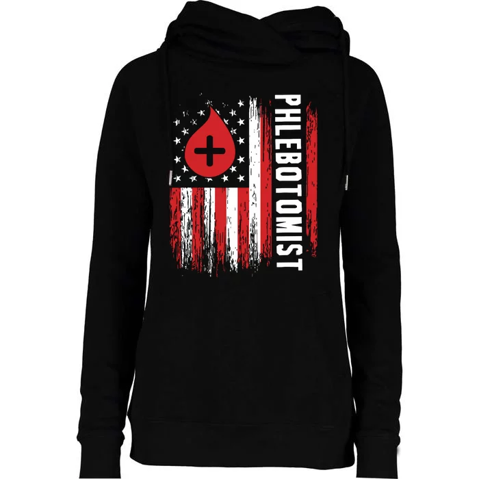 Phlebotomist US Flag Syringe Blood Veins Phlebotomy Tech Womens Funnel Neck Pullover Hood