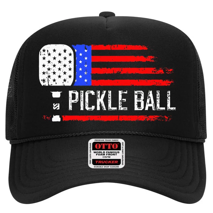 Pickleball US Flag Vintage Pickleball Paddle High Crown Mesh Trucker Hat