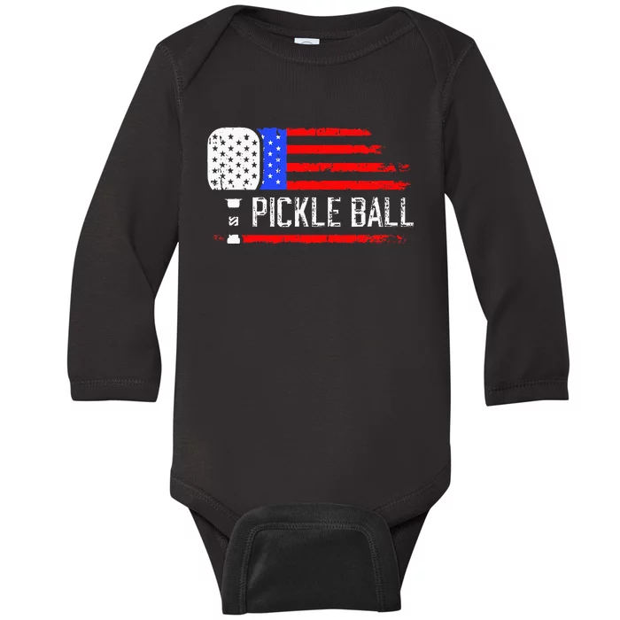 Pickleball US Flag Vintage Pickleball Paddle Baby Long Sleeve Bodysuit