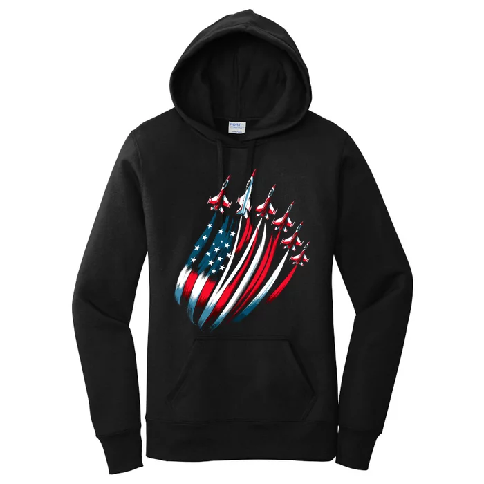 Patriotic Usa Flag Fighter Jets 4th Of July Women's Pullover Hoodie