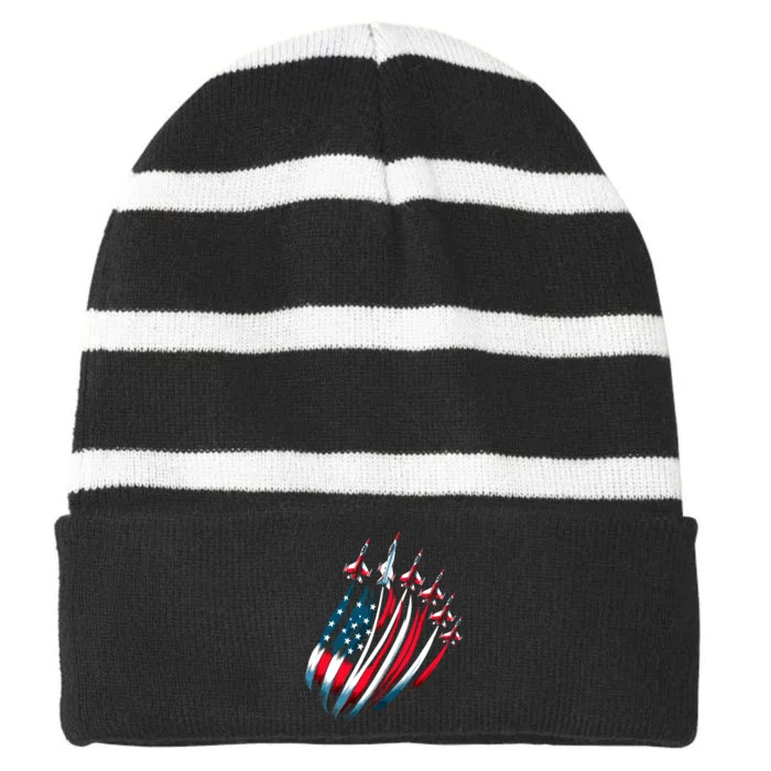 Patriotic Usa Flag Fighter Jets 4th Of July Striped Beanie with Solid Band