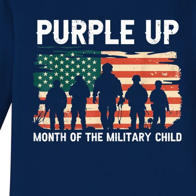 Purple Up For Military Kid Military Child Month US Flag Baby Long Sleeve Bodysuit