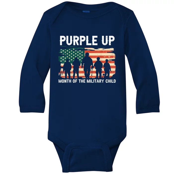 Purple Up For Military Kid Military Child Month US Flag Baby Long Sleeve Bodysuit