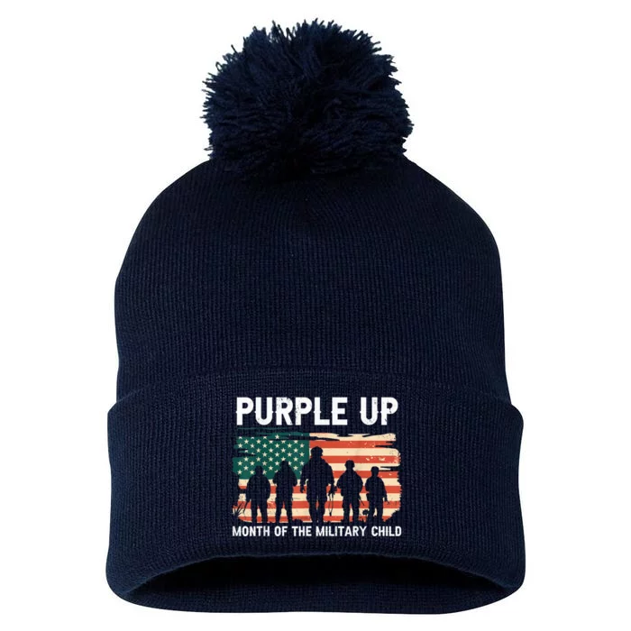 Purple Up For Military Kid Military Child Month US Flag Pom Pom 12in Knit Beanie