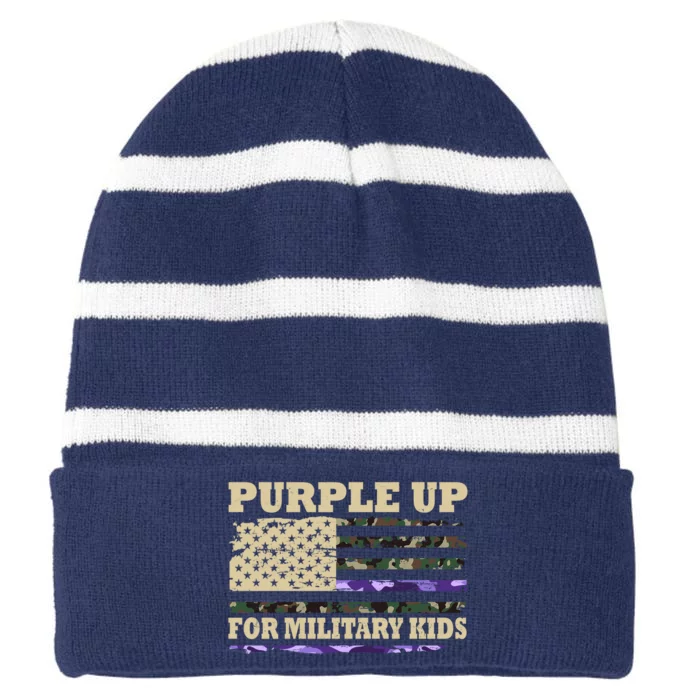 Purple Up For Military Kids Usa Flag Striped Beanie with Solid Band