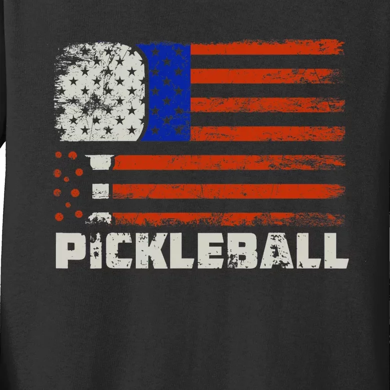 Pickleball USA Flag US Player Paddleball Kids Long Sleeve Shirt