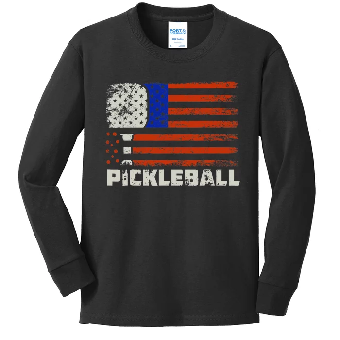 Pickleball USA Flag US Player Paddleball Kids Long Sleeve Shirt