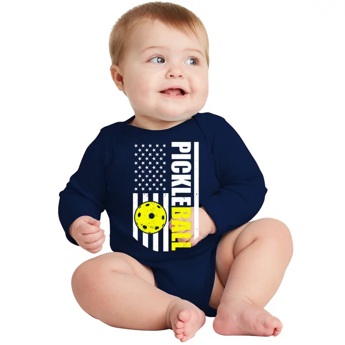 Pickleball USA Flag Love Playing Pickle Ball Baby Long Sleeve Bodysuit