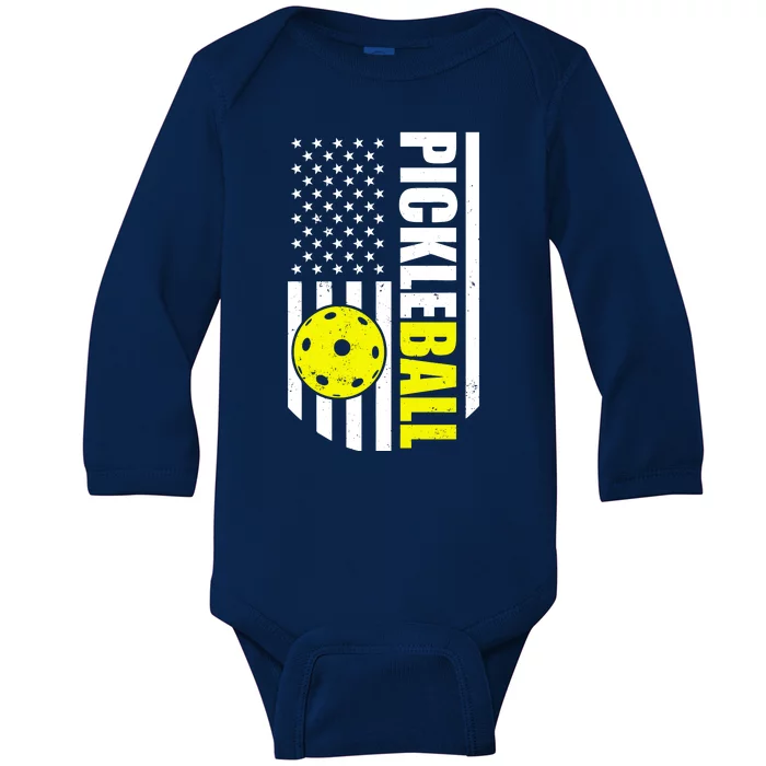 Pickleball USA Flag Love Playing Pickle Ball Baby Long Sleeve Bodysuit