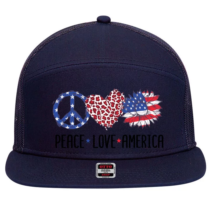 Patriotic Usa Flag Sunflower 4th July Peace Love America Cute Gift 7 Panel Mesh Trucker Snapback Hat