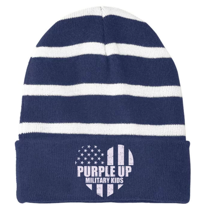 Purple Up For Military Children USA Flag Heart Striped Beanie with Solid Band