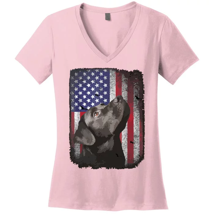 Patriotic USA Flag Black Labrador For Lab Owners Women's V-Neck T-Shirt