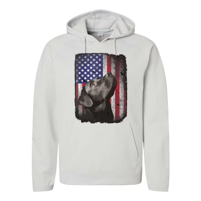 Patriotic USA Flag Black Labrador For Lab Owners Performance Fleece Hoodie