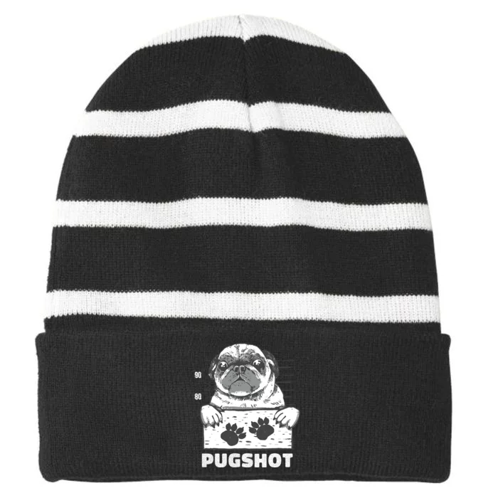 Pugshot Jail Prison Funny Pug Striped Beanie with Solid Band