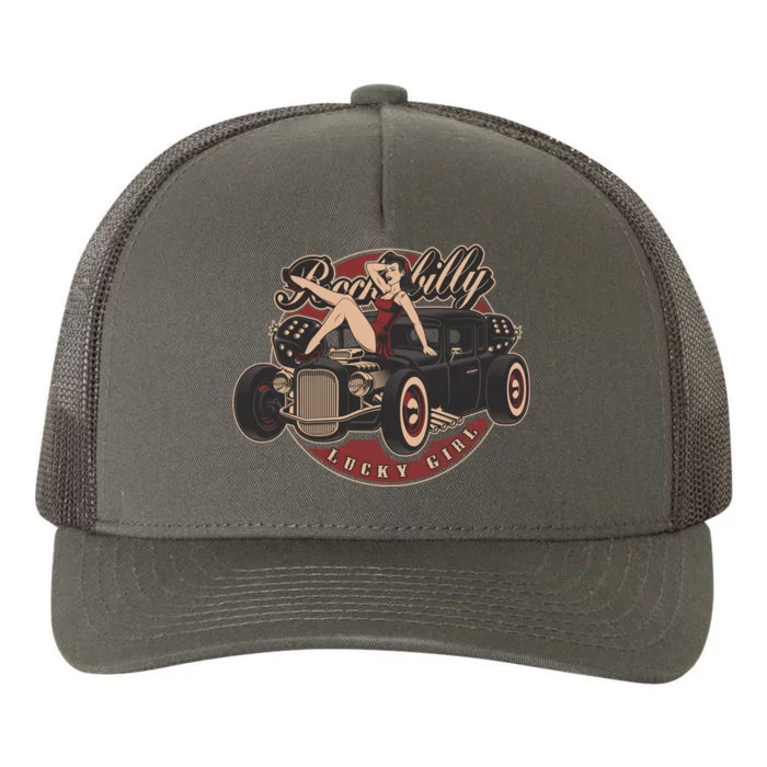 Pin Up Lucky Girl Classic Hot Rod Rockabilly Yupoong Adult 5-Panel Trucker Hat