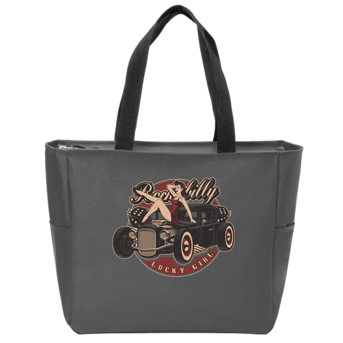 Pin Up Lucky Girl Classic Hot Rod Rockabilly Zip Tote Bag